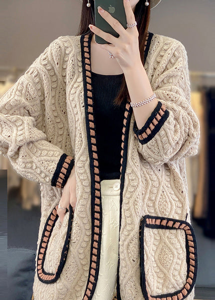 Loose Camel Hollow Out Patchwork Cotton Knit Cardigan Fall AB1027 Genistyle Shop