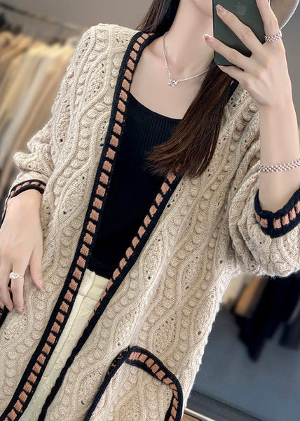 Loose Camel Hollow Out Patchwork Cotton Knit Cardigan Fall AB1027 Genistyle Shop