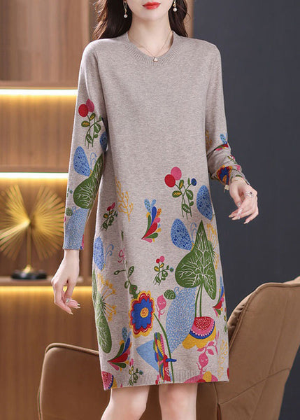 Loose Camel O Neck Side Open Wool Knit Dress Spring TB001