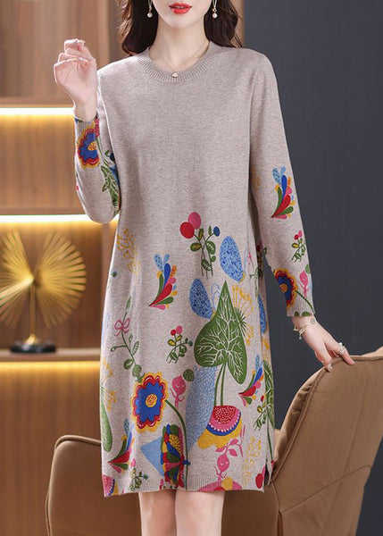Loose Camel O Neck Side Open Wool Knit Dress Spring TB001