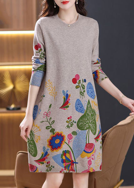 Loose Camel O Neck Side Open Wool Knit Dress Spring TB001