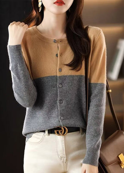 Loose Camel Patchwork Button Wool Knit Cardigans Fall QT012 OL-NCT241001
