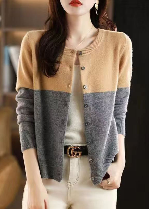 Loose Camel Patchwork Button Wool Knit Cardigans Fall QT012 OL-NCT241001