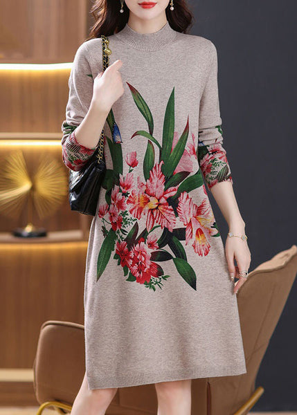 Loose Camel Turtleneck Print Wool Knit Dress Long Sleeve TB023