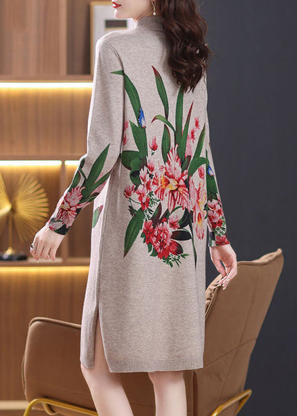 Loose Camel Turtleneck Print Wool Knit Dress Long Sleeve TB023