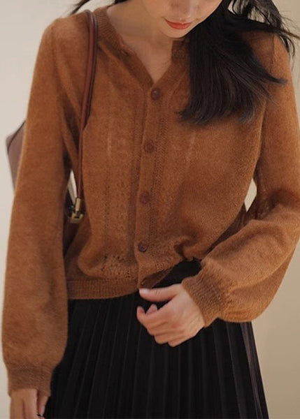 Loose Caramel Button Hollow Out Knit Sweater Spring TF015