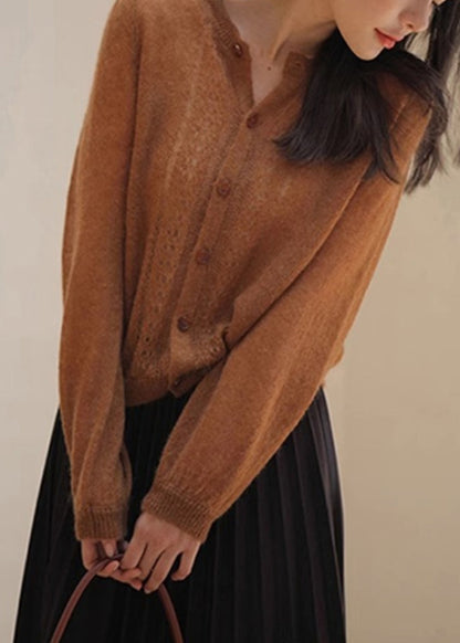 Loose Caramel Button Hollow Out Knit Sweater Spring TF015