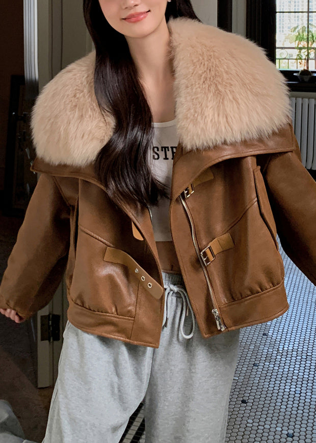 Loose Caramel Fur Collar Zippered Faux Suede Down Coats Winter RC008 ABC