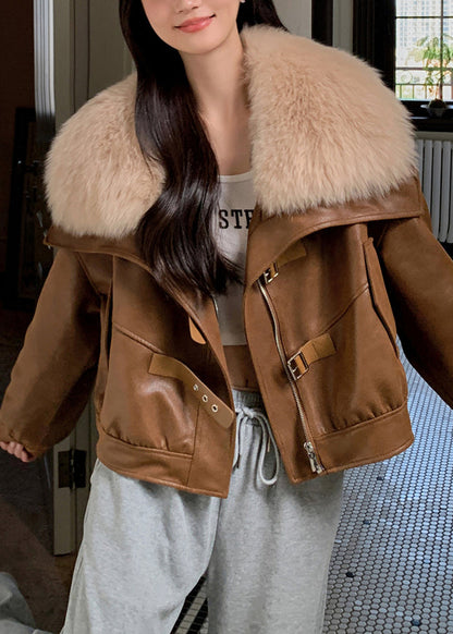 Loose Caramel Fur Collar Zippered Faux Suede Down Coats Winter RC008 ABC