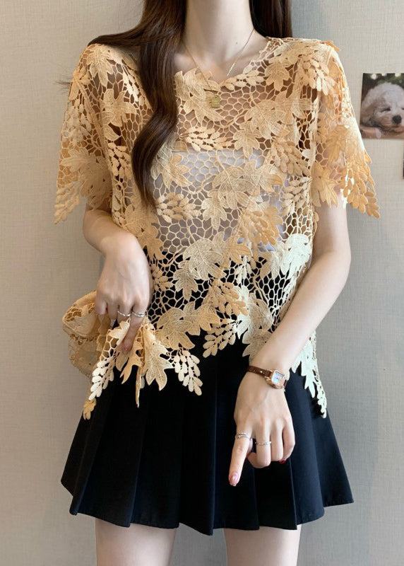 Caramel Sleeve Lace Asymmetrical O-Neck Top Short Loose FashionChic