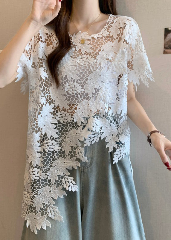 Caramel Sleeve Lace Asymmetrical O-Neck Top Short Loose FashionChic