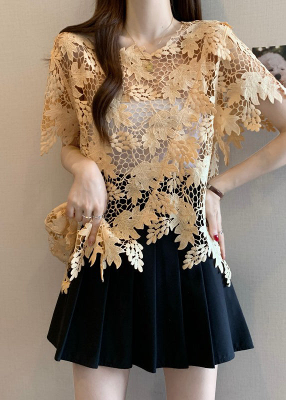 Caramel Sleeve Lace Asymmetrical O-Neck Top Short Loose FashionChic