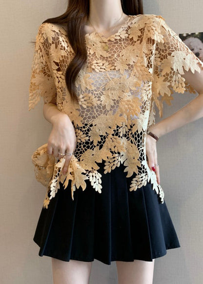 Caramel Sleeve Lace Asymmetrical O-Neck Top Short Loose FashionChic