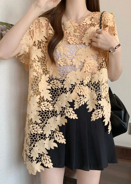 Caramel Sleeve Lace Asymmetrical O-Neck Top Short Loose FashionChic