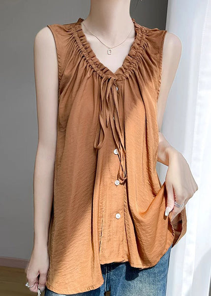 Caramel Up Ruffled Loose Shirt Sleeveless Cotton Lace FashionChic