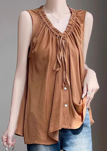 Caramel Up Ruffled Loose Shirt Sleeveless Cotton Lace FashionChic