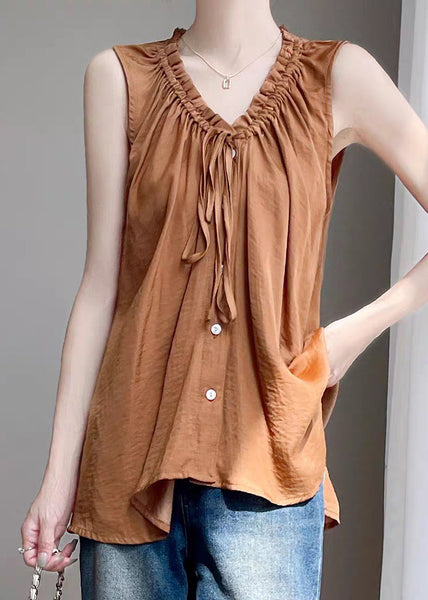 Caramel Up Ruffled Loose Shirt Sleeveless Cotton Lace FashionChic