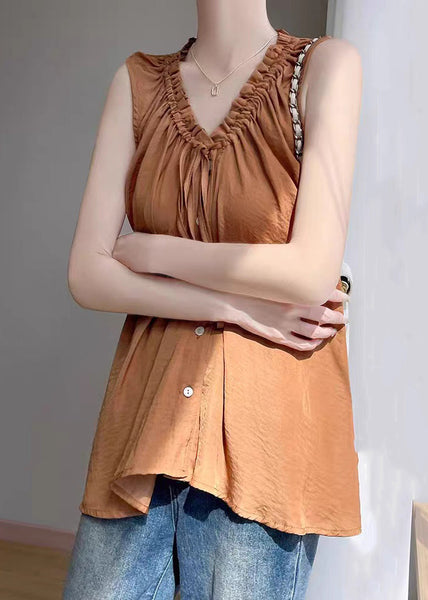 Caramel Up Ruffled Loose Shirt Sleeveless Cotton Lace FashionChic