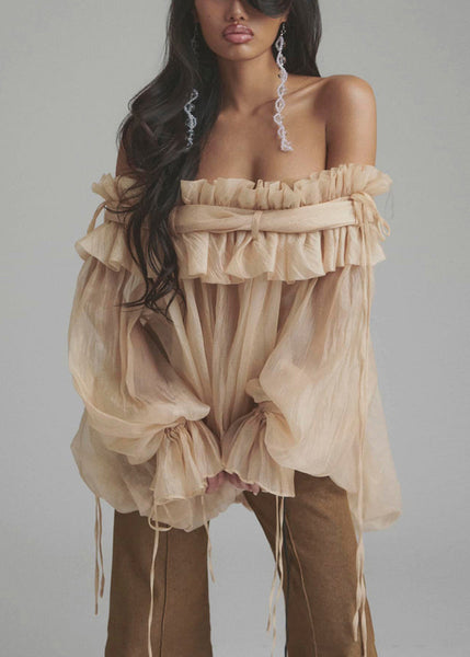 Lace Shirt Button Up Color Loose Tulle Champagne Ruffled Flare FashionChic