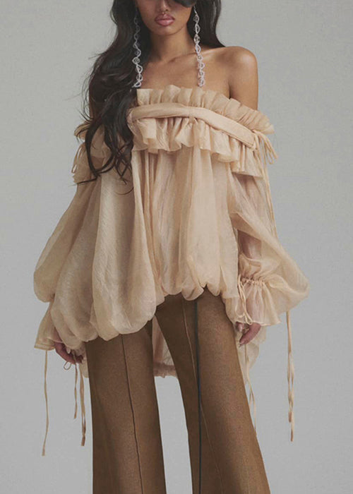 Lace Shirt Button Up Color Loose Tulle Champagne Ruffled Flare FashionChic