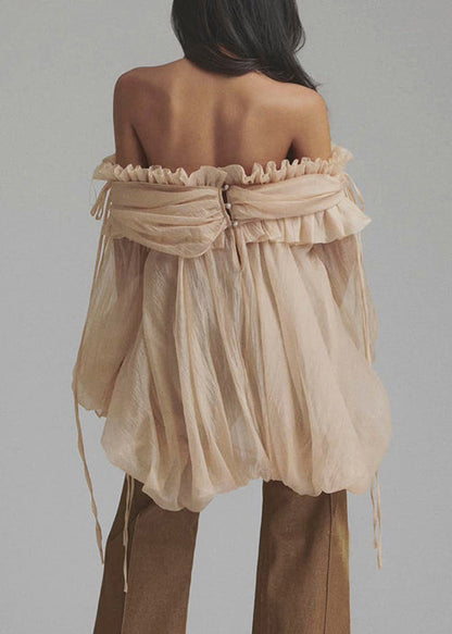 Lace Shirt Button Up Color Loose Tulle Champagne Ruffled Flare FashionChic