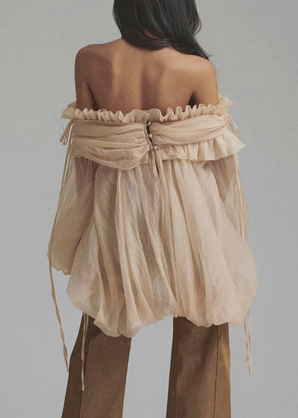 Lace Shirt Button Up Color Loose Tulle Champagne Ruffled Flare FashionChic