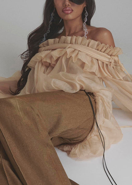 Lace Shirt Button Up Color Loose Tulle Champagne Ruffled Flare FashionChic