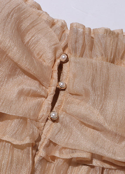 Lace Shirt Button Up Color Loose Tulle Champagne Ruffled Flare FashionChic