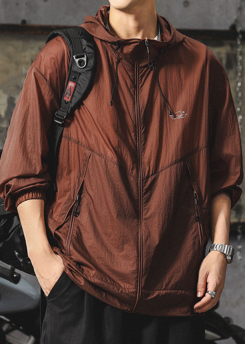 Zippered UPF Summer Hooded Loose 50+ Coat Chocolate Men FashionChic