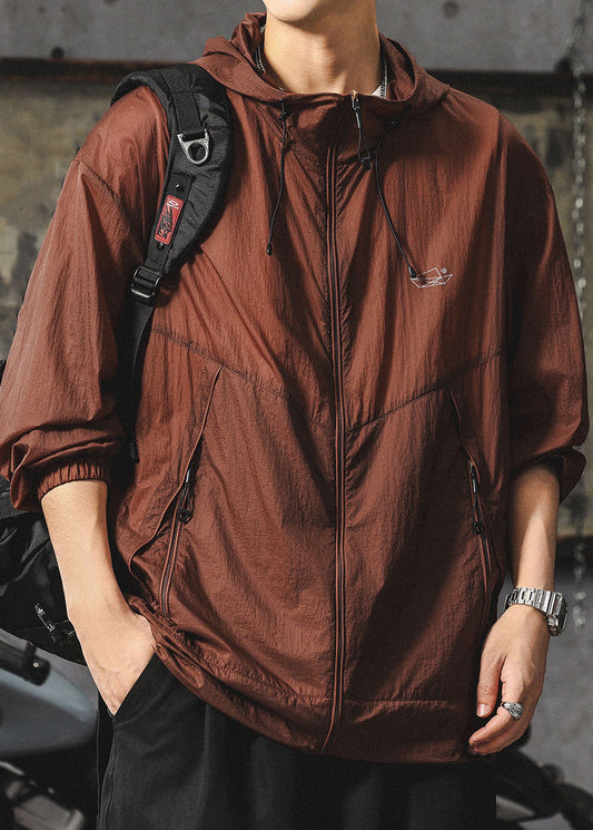 Zippered UPF Summer Hooded Loose 50+ Coat Chocolate Men FashionChic