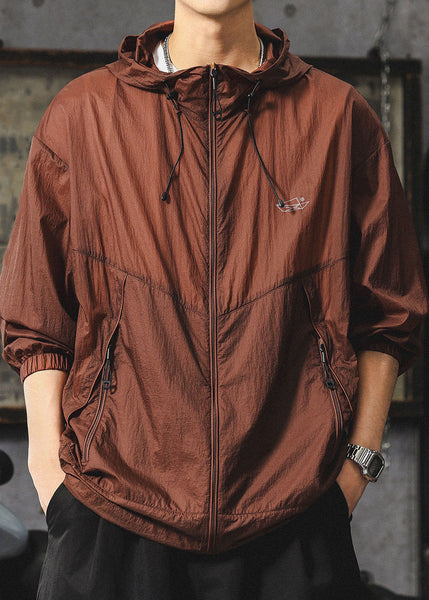 Zippered UPF Summer Hooded Loose 50+ Coat Chocolate Men FashionChic