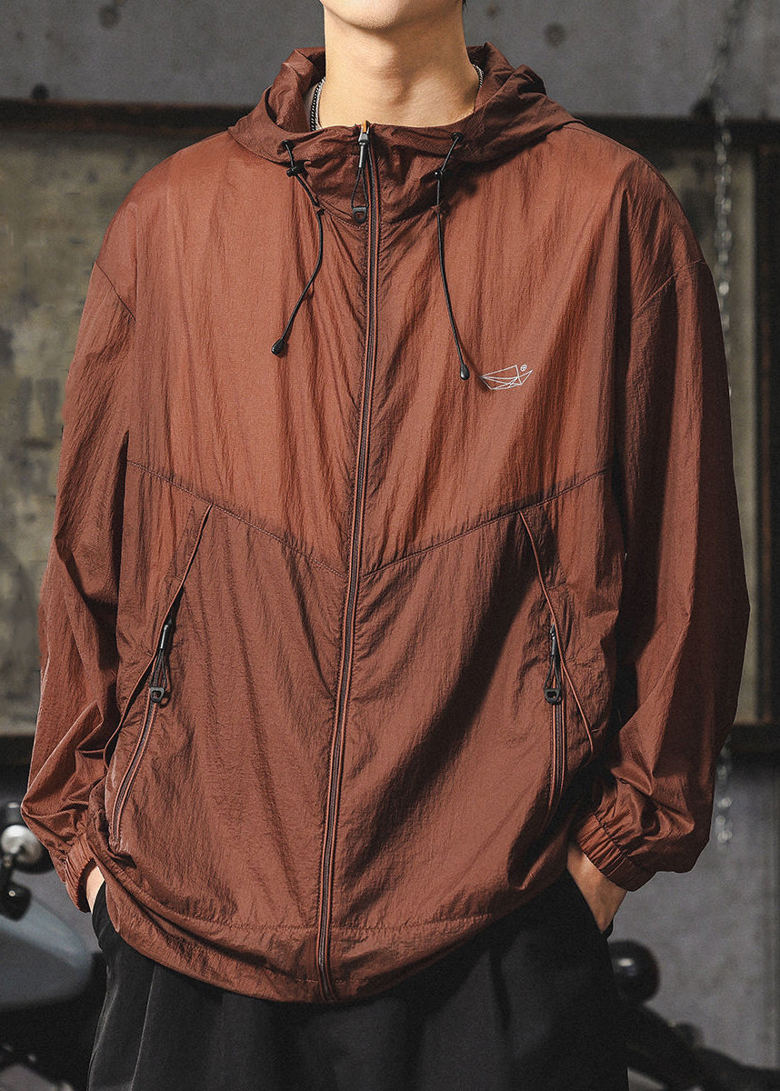 Zippered UPF Summer Hooded Loose 50+ Coat Chocolate Men FashionChic