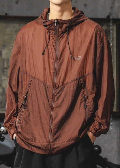Zippered UPF Summer Hooded Loose 50+ Coat Chocolate Men FashionChic
