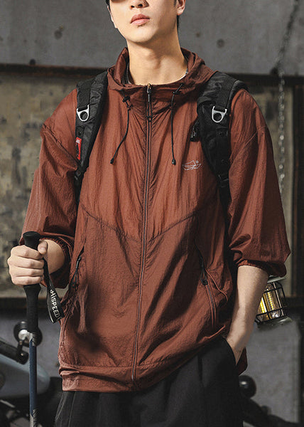 Zippered UPF Summer Hooded Loose 50+ Coat Chocolate Men FashionChic