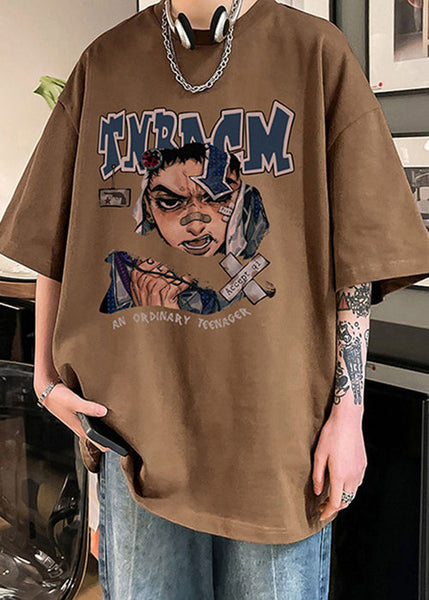 Print Half O Loose Sleeve Chocolate Shirt T Mens Neck Cotton FashionChic