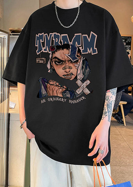 Print Half O Loose Sleeve Chocolate Shirt T Mens Neck Cotton FashionChic