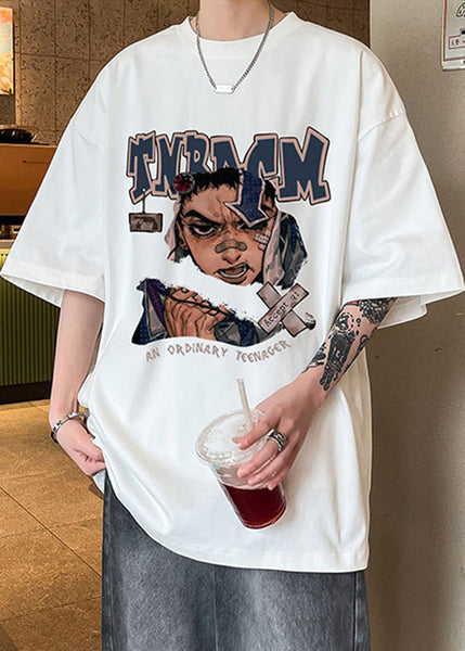 Print Half O Loose Sleeve Chocolate Shirt T Mens Neck Cotton FashionChic