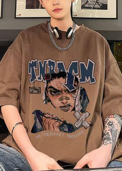 Print Half O Loose Sleeve Chocolate Shirt T Mens Neck Cotton FashionChic