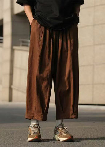 Crop Chocolate Summer Elastic Mens Pants Cotton Loose Solid Waist FashionChic