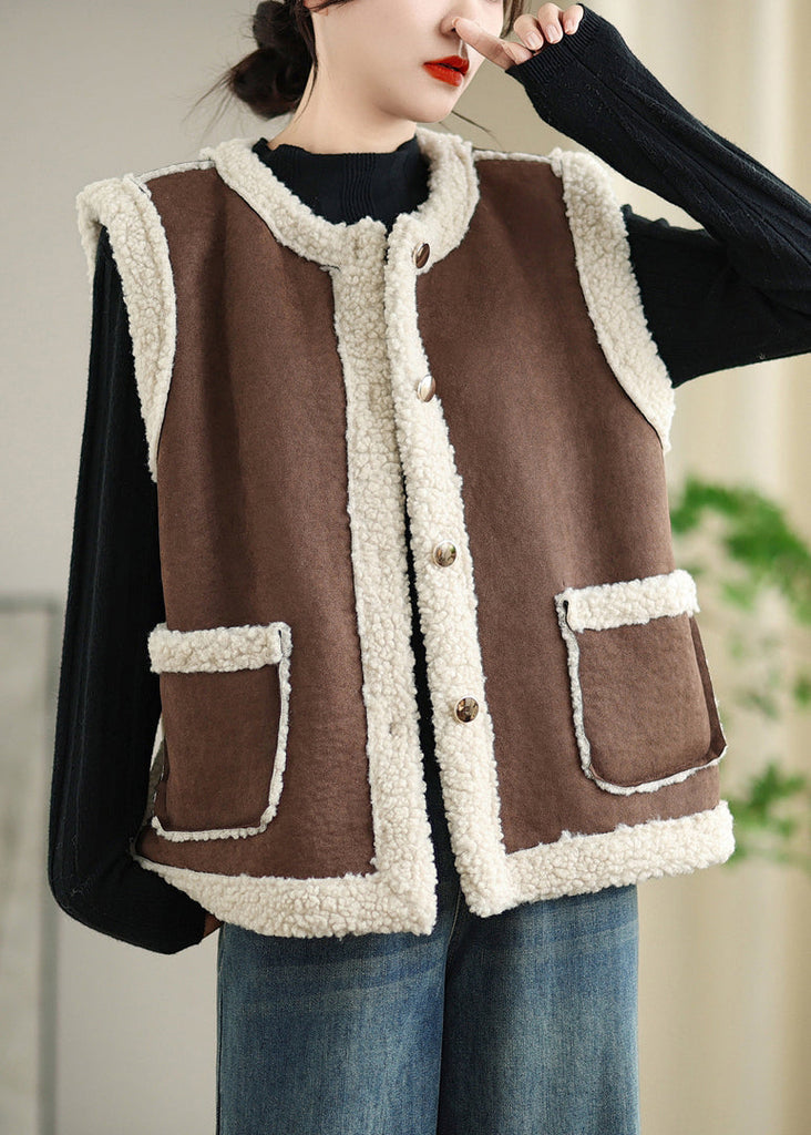 Loose Coffee Button Pockets Patchwork Teddy Faux Fur Waistcoat Sleeveless WL001 OM-CS241108