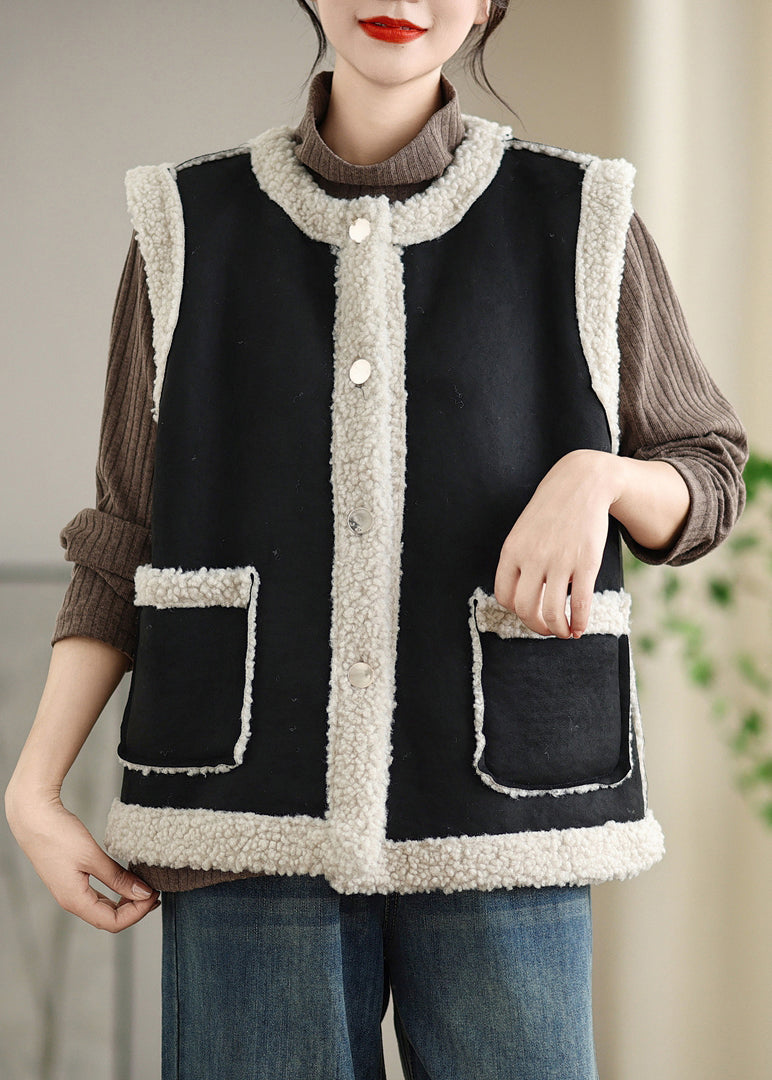 Loose Coffee Button Pockets Patchwork Teddy Faux Fur Waistcoat Sleeveless ER008 ABC