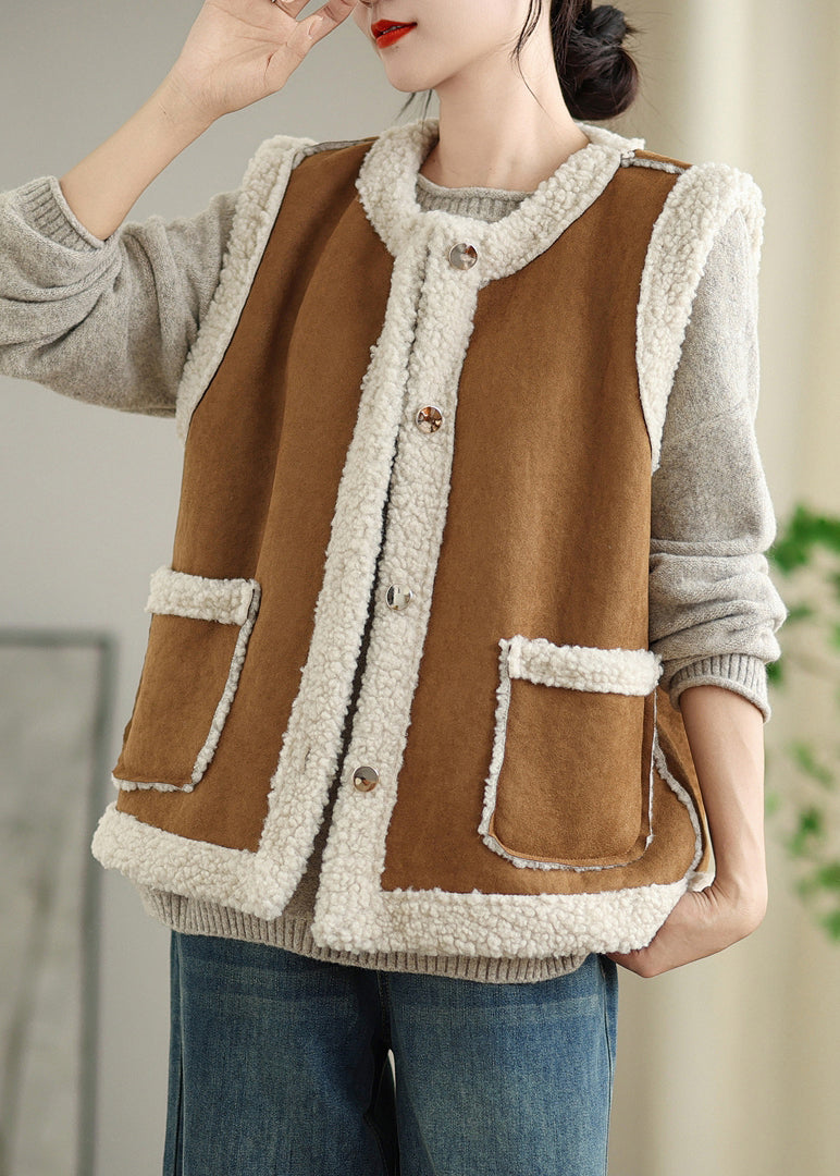 Loose Coffee Button Pockets Patchwork Teddy Faux Fur Waistcoat Sleeveless ER008 ABC