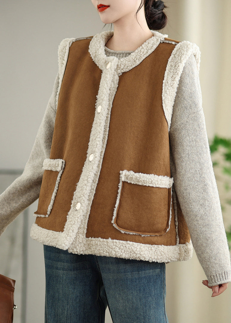 Loose Coffee Button Pockets Patchwork Teddy Faux Fur Waistcoat Sleeveless ER008 ABC