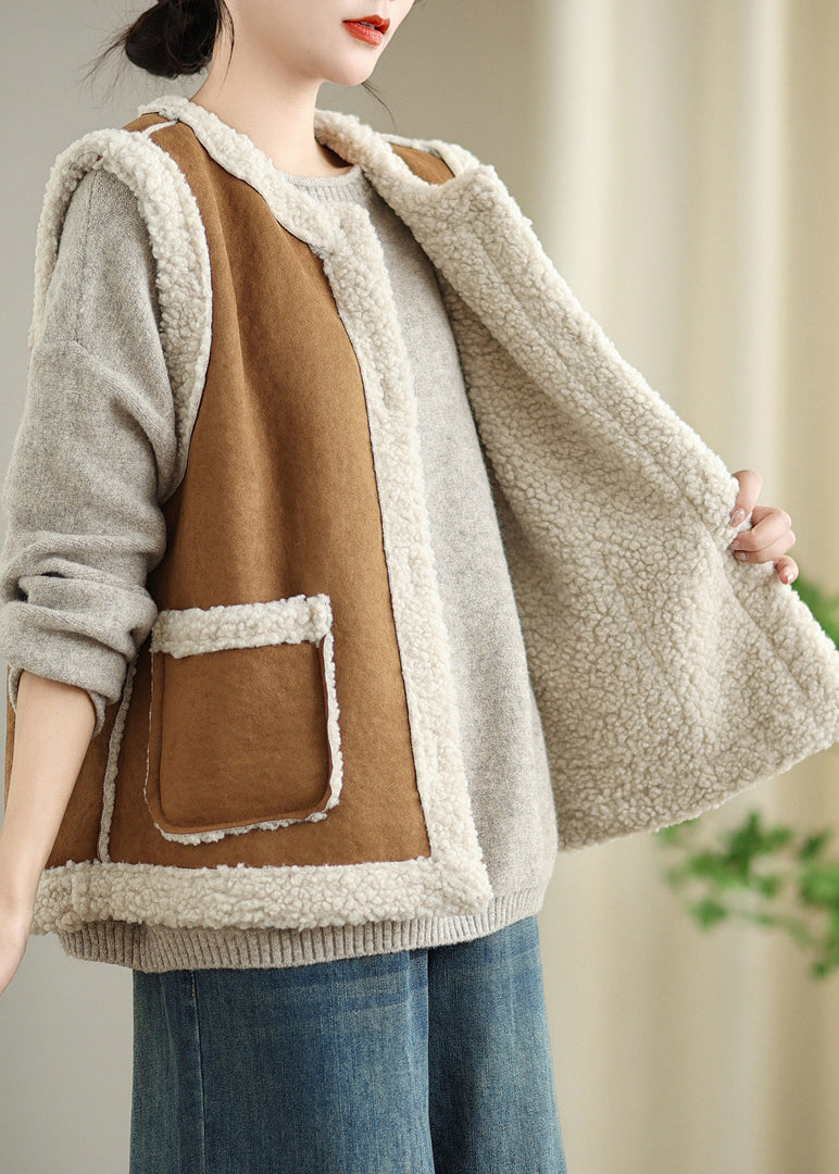 Loose Coffee Button Pockets Patchwork Teddy Faux Fur Waistcoat Sleeveless ER008 ABC