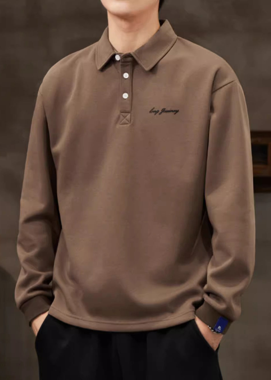 Spring Solid Button Cotton Loose Coffee Men TC017 Shirt Polo