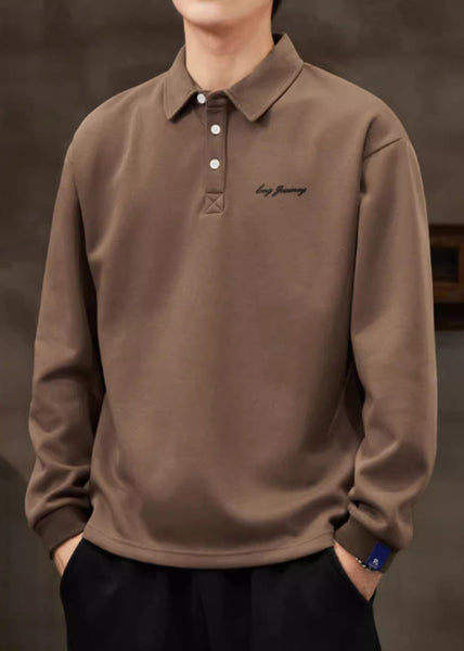 Spring Solid Button Cotton Loose Coffee Men TC017 Shirt Polo