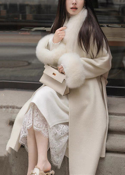 Loose Coffee Fur Collar Tie Waist Pockets Woolen Coat Spring TY015