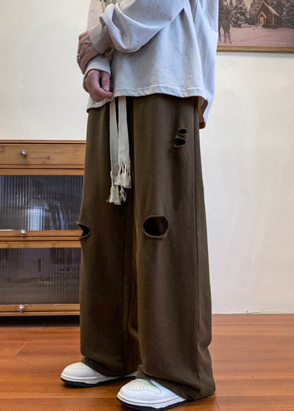 Loose Coffee Hole Elastic Waist Cotton Men Pants Fall WA046 MENP241110
