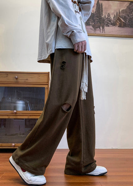 Loose Coffee Hole Elastic Waist Cotton Men Pants Fall WA046 MENP241110