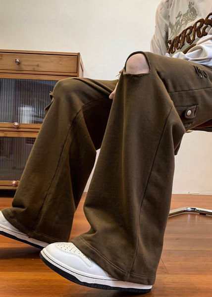 Loose Coffee Hole Elastic Waist Cotton Men Pants Fall WA046 MENP241110